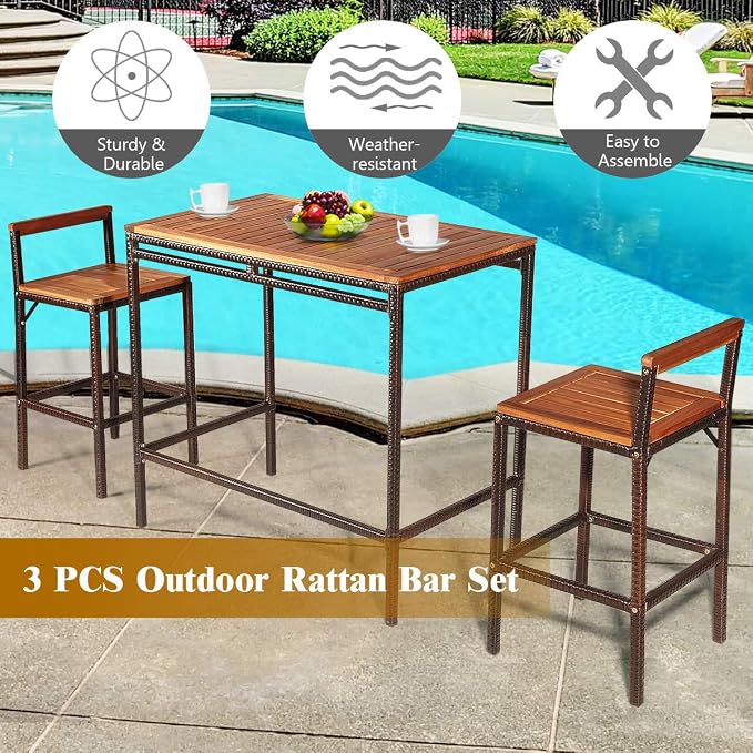 Tangkula 3 Pieces Patio Bar Table Set, Outdoor Rattan Bistro Set - Image 6