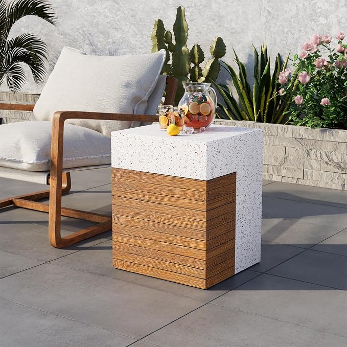COSIEST Concrete Side Table, Rectangular Outdoor End Table w Faux Wood Design - Image 6