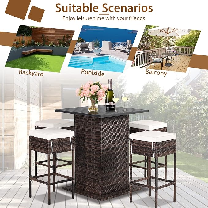 HAPPYGRILL 5 Piece Rattan Bar Set Outdoor Wicker Bar Table and 4 Bar Stools - Image 6