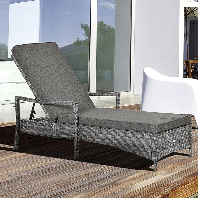 Outsunny Wicker Chaise Lounge, 4 Position Adjustable Backrest and Cushions - Image 2