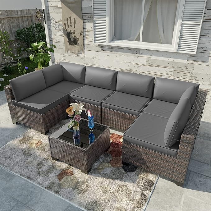 Kullavik 7 Pieces Outdoor Patio Furniture Set, Sectional Rattan Sofa Set Brown - Image 2