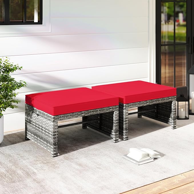 ORALNER Outdoor Ottoman, All-Weather Rattan Foot Stool w/Cushions, Foot Rest - Image 8