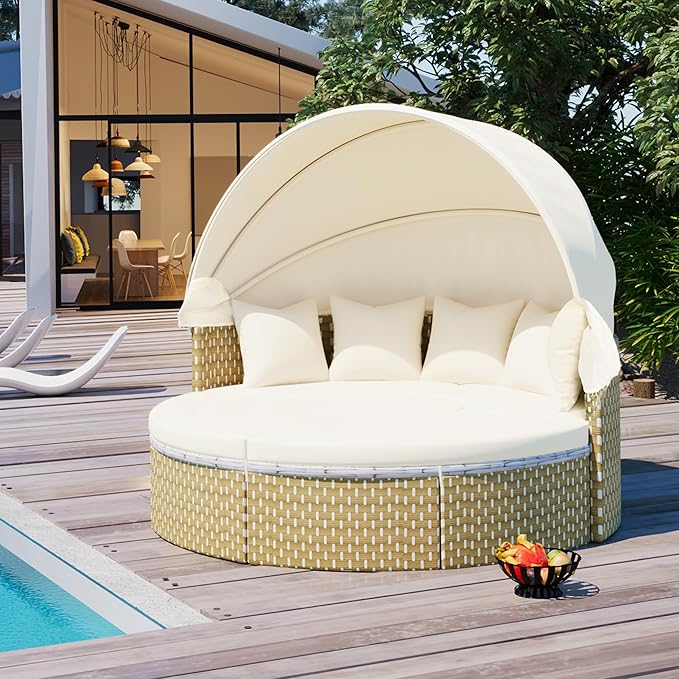 Merax Patio Furniture Round Outdoor Sectional Sofa Set, Rattan Daybed Two-Tone by Merax