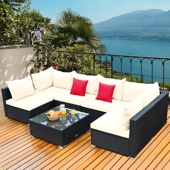 Tangkula 7-Piece Patio Furniture Set, Outdoor Sectional Sofa w/Pillows & - Image 4