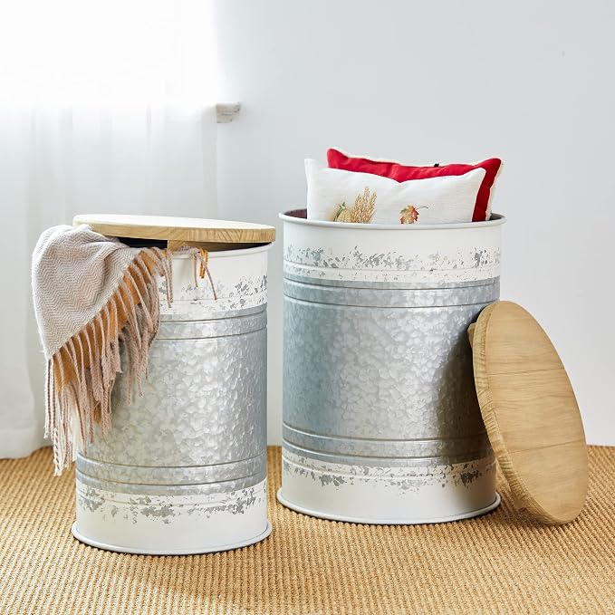 Glitzhome Rustic End Table Set of 2, Farmhouse Galvanized Metal Barrel Ottoman - Image 7