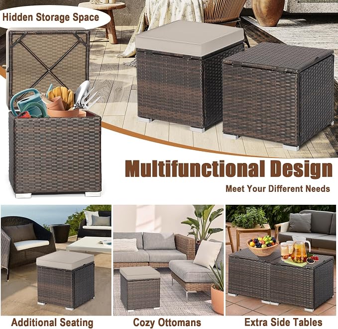 RELAX4LIFE Wicker Outdoor Storage Ottoman, 2-Piece Rattan Footstool w/Removable - Image 7