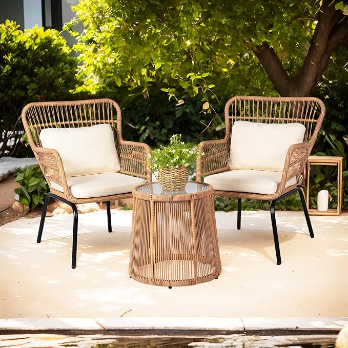 3 Piece Outdoor Wicker Furniture Bistro Set, Rattan Chairs Conversation Sets - Image 7