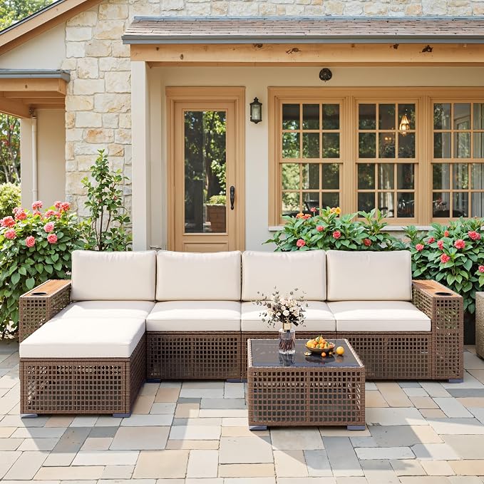 Devoko Patio Furniture Set 6 Piece Outdoor Sectional Sofa Hollow Rattan Patio - Image 2