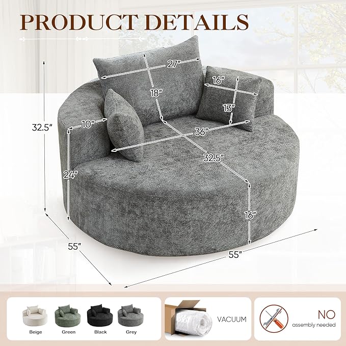 Antetek Oversized Round Chaise Longue Chair Indoor, Modern 55-inch Upholstered - Image 2