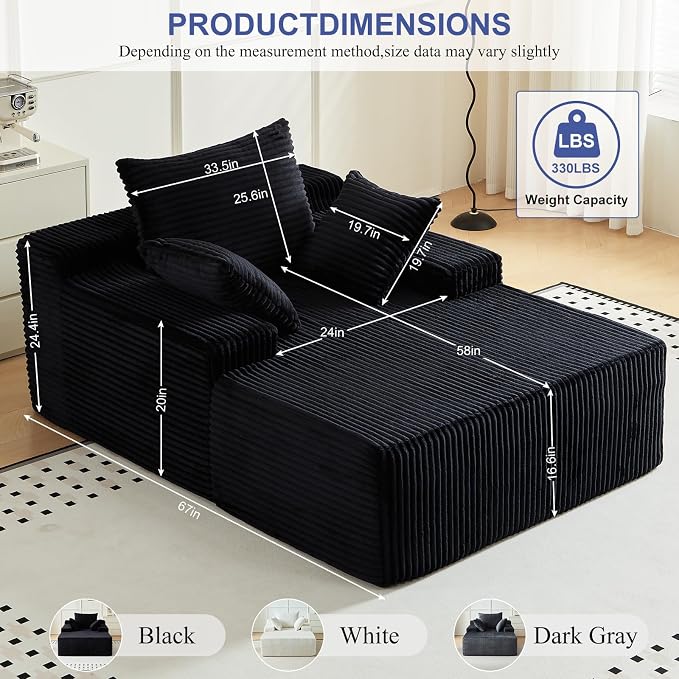 67 Inch Chaise Lounge Chair Indoor, Oversized Upholstered Boneless Sofa Bed - Image 2