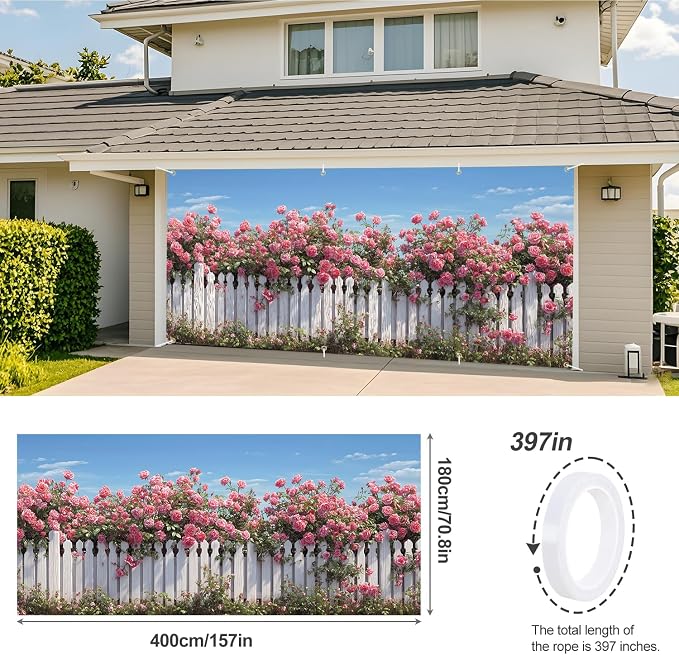 Rose Garden Garage Door Banner 6x13FT, Large Outdoor Floral Decoration - Image 3