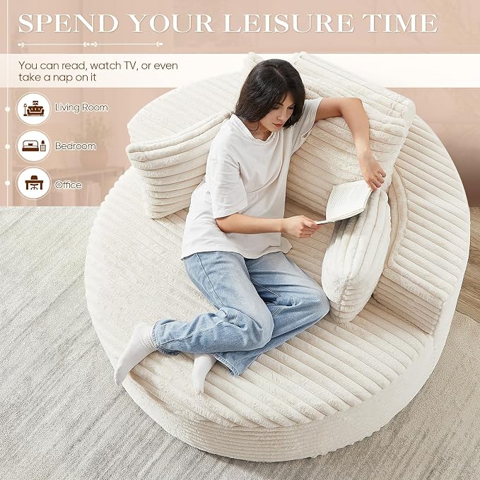 Oversized Round Chaise Longue Chair Indoor, Modern 55-inch Upholstered Corduroy - Image 3