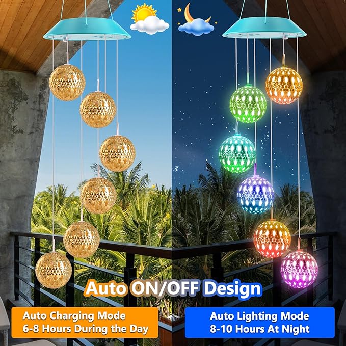 Toodour Solar Wind Chime, Color Changing Moroccan Ball Wind Chimes, LED - Image 2