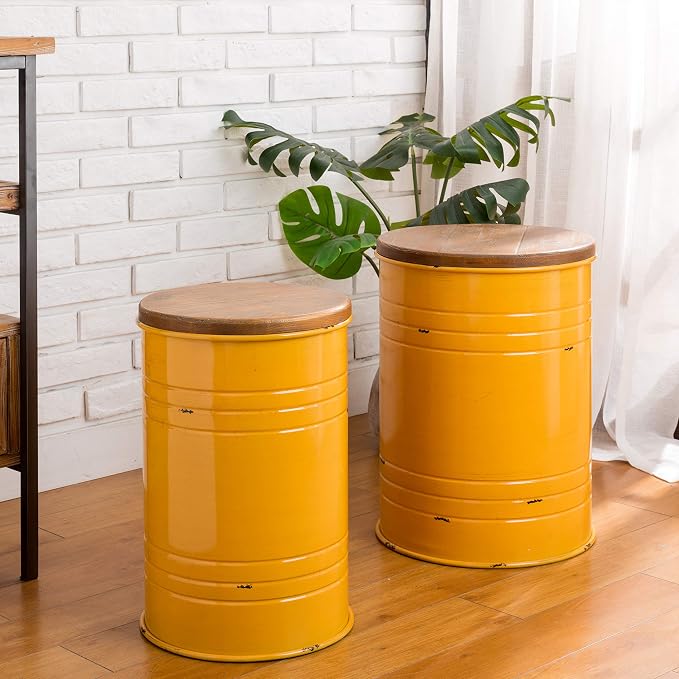 Glitzhome Rustic End Table Set of 2, Farmhouse Galvanized Metal Barrel Ottoman - Image 8