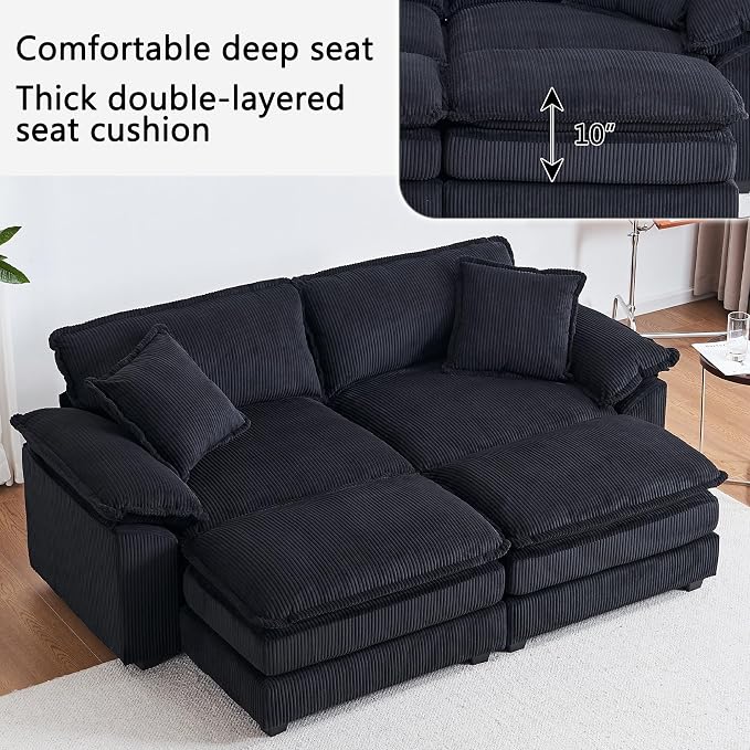84.6” Corduroy Loveseat with Ottoman, Oversized Double Chaise Lounge Chair - Image 5