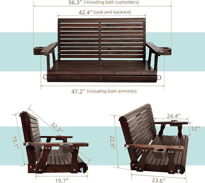 Wooden Porch Swing 2-Seater, High Backrest and Deep Seat, Bench Swing - Image 6