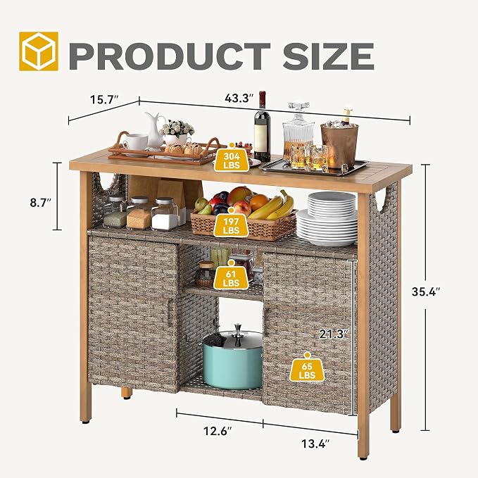 DWVO XL Patio Storage Cabinet, Wicker Outdoor Bar Table - Image 6