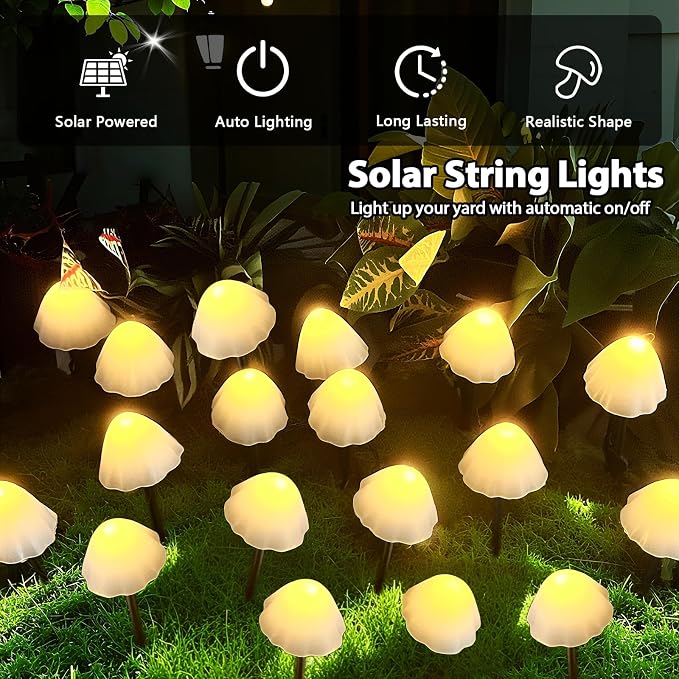 OZS 2PK 32LED 55FT Mushroom Solar Garden Lights Outdoor, Solar String Lights - Image 8