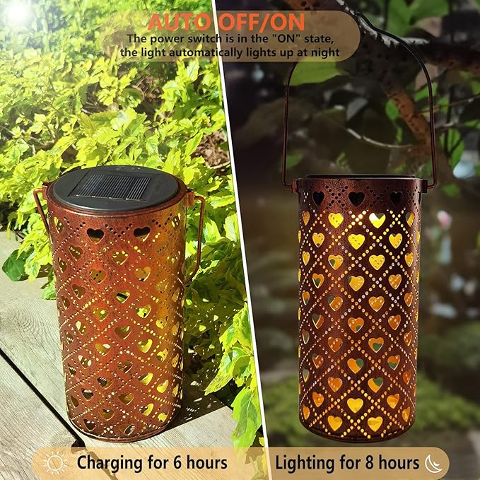 2 Pack Solar Lanterns Outdoor Hanging Heart Pattern Decor Lantern, Waterproof - Image 5