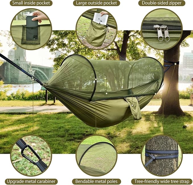 Camping Hammock with Mosquito Net, Lightweight Portable Double & Single Hammock - Image 5