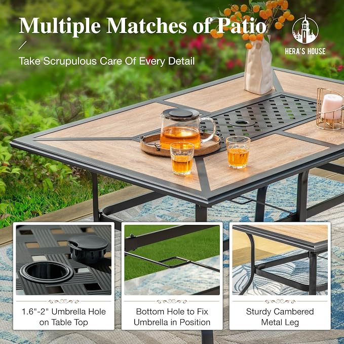 HERA'S HOUSE Patio Dining Sets for 6, Outdoor Rattan Chairs and Wood-Like Table - Image 5