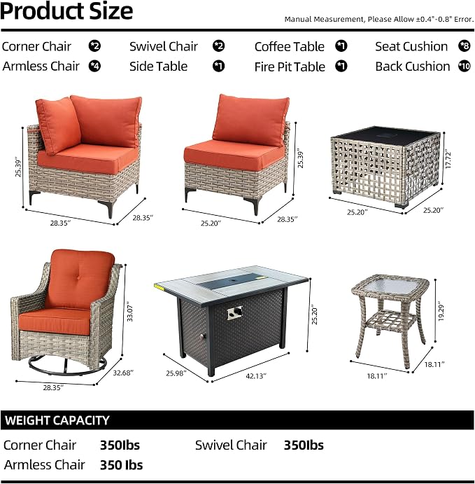 11 Pieces Outdoor Patio Furniture Set, Rattan Wicker Sectional Swivel Rocker - Image 8