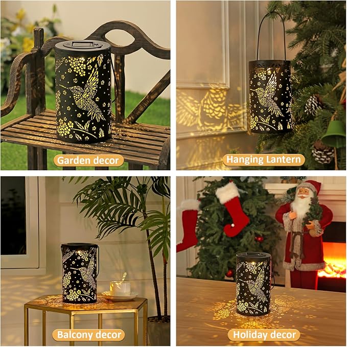 Hummingbird Solar Lantern Outdoor Hanging Waterproof LED Lights, Metal Bird - Image 5