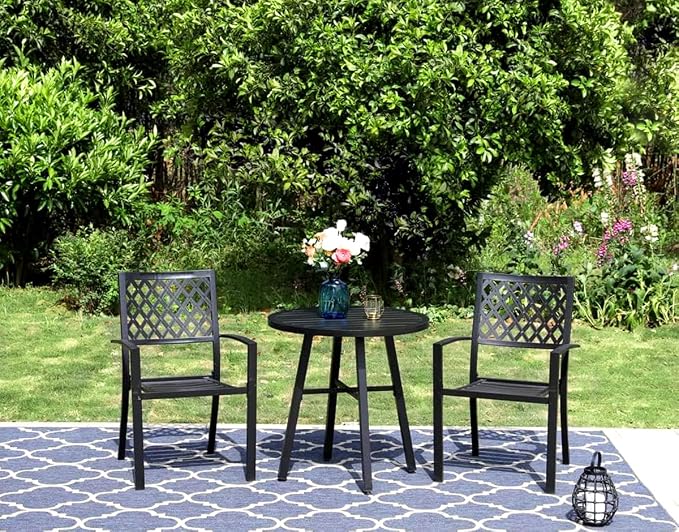 PHI VILLA 3 Piece Outdoor Bistro Dining Set, Metal Steel Round Table & Stacking - Image 2