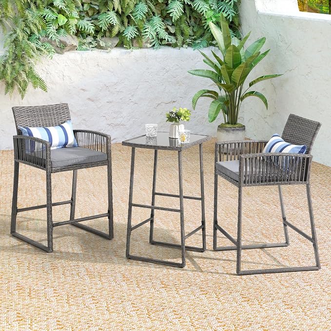 SUNSITT 3-Piece Outdoor Wicker Bar Height Table Set, 2 Bar Stools and 1 Pub - Image 2