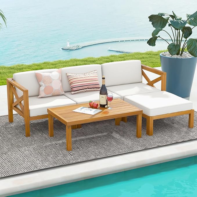 Tangkula 5 Piece Outdoor Conversation Furniture Set, Acacia Wood Sectional Sofa - Image 2