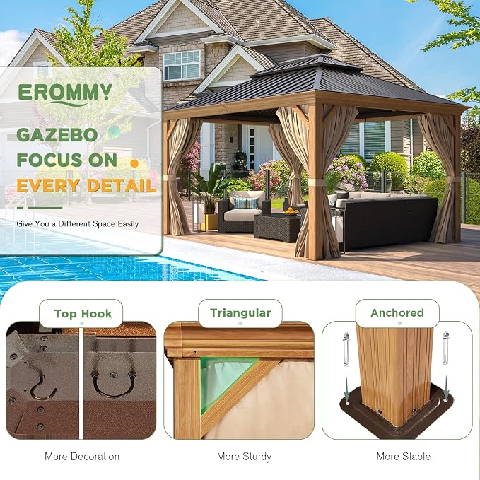 EROMMY 10'x12' Gazebo, Wood Grain Aluminum Frame Canopy - Image 5