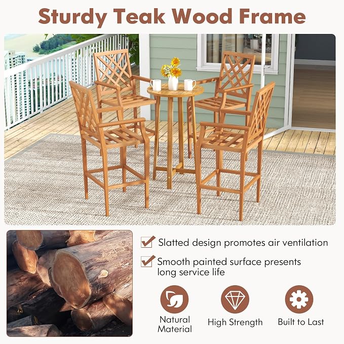 Tangkula 3 Piece Patio Bar Set, Teak Wood Bistro Furniture - Image 6