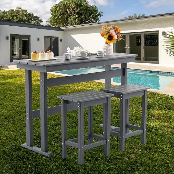 3 Pcs HDPE Outdoor Bar Set of 2 Includes Bar Height Table and Chairs, Patio Bar - Image 2