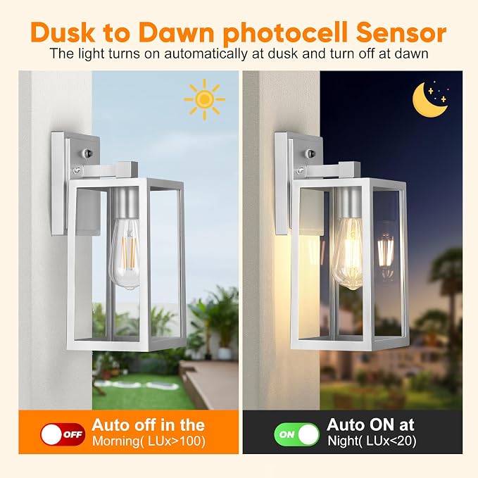 PARTPHONER Silver Dusk to Dawn Porch Lights Fixtures Wall Mount, Sensor - Image 2