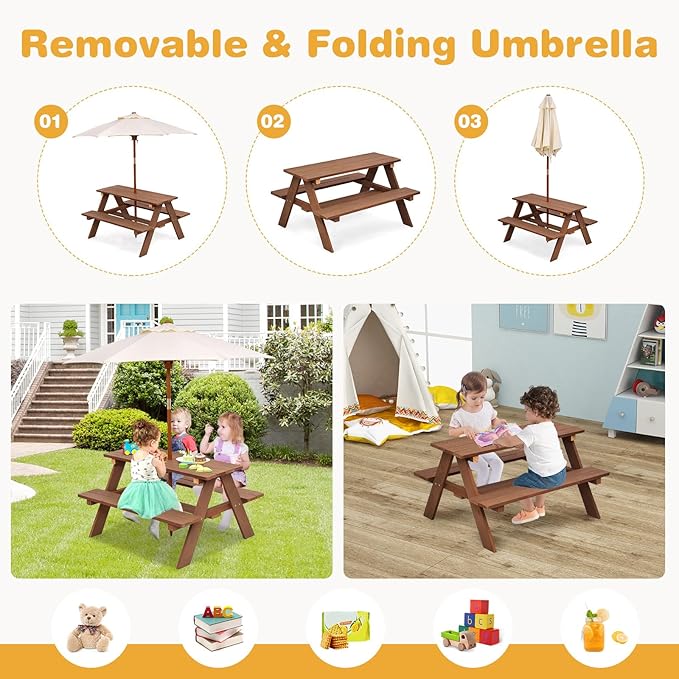 HONEY JOY Kids Picnic Table, Outdoor Wooden Bench Set w/Removable Umbrella - Image 2