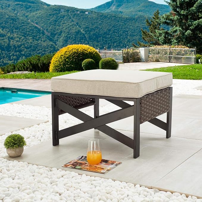 PatioFestival Outdoor Wicker Ottoman Patio Footstool Rattan Furniture Coffee - Image 2