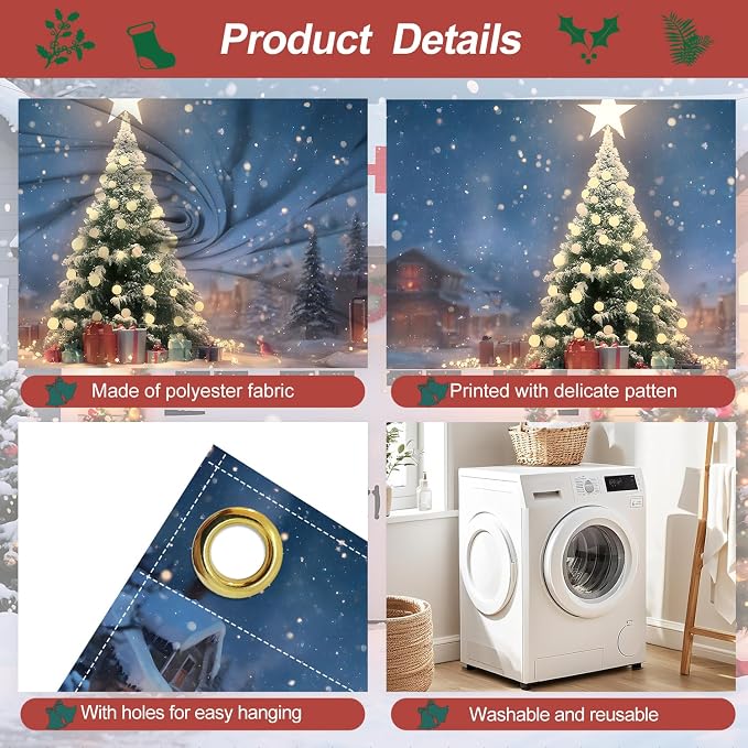 Christmas Garage Door Banner 6x13FT, Night Village Christmas Tree Scene - Image 3