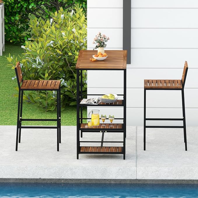 Tangkula Outdoor Wood Bar Set, 3 Pieces Patio Bar Height Table & Chair Set w/ - Image 3
