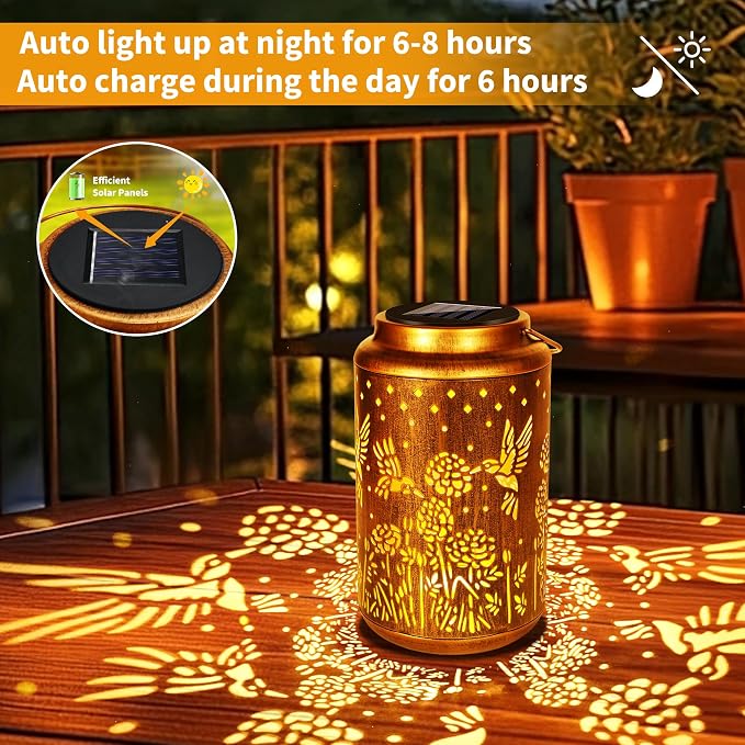 Brizled Hummingbird Solar Lantern Lights, 2 Pack LED Hollow Out Hanging Lantern - Image 2