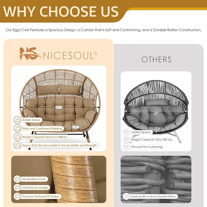 NICESOUL Double Egg Chair with Footstools & Cushions, Oversized Wicker Boho - Image 9