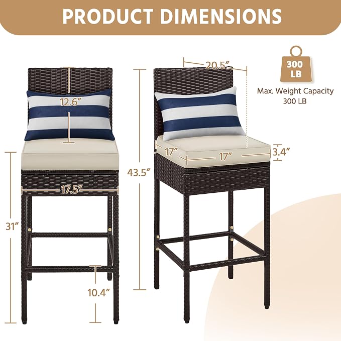 Yaheetech Set of 4 Patio Bar Stools, Outdoor PE Rattan Bar Height Chairs - Image 3