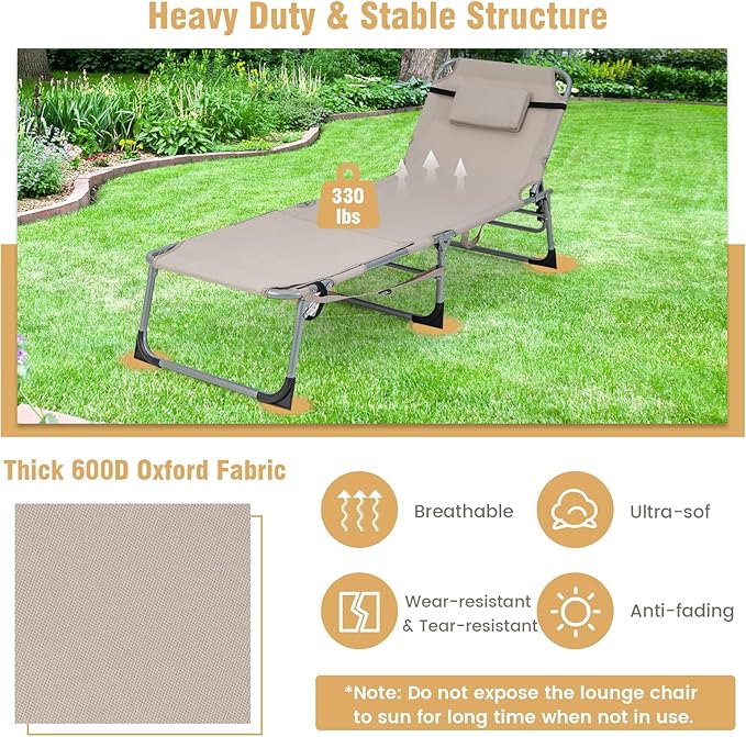 GYMAX Tanning Chair, 330LBS Beach Lounge - Image 6