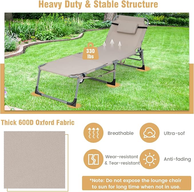 GYMAX Tanning Chair, 330LBS Beach Lounge Chair - Image 6