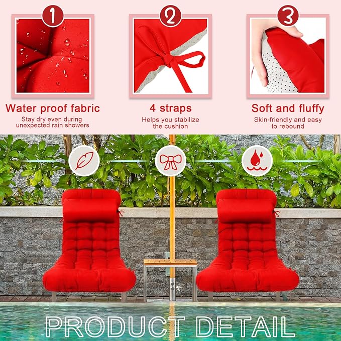 Tudomro 2 Pcs Bright Red 66'' Outdoor Chaise Lounge Cushion Waterproof Patio - Image 2