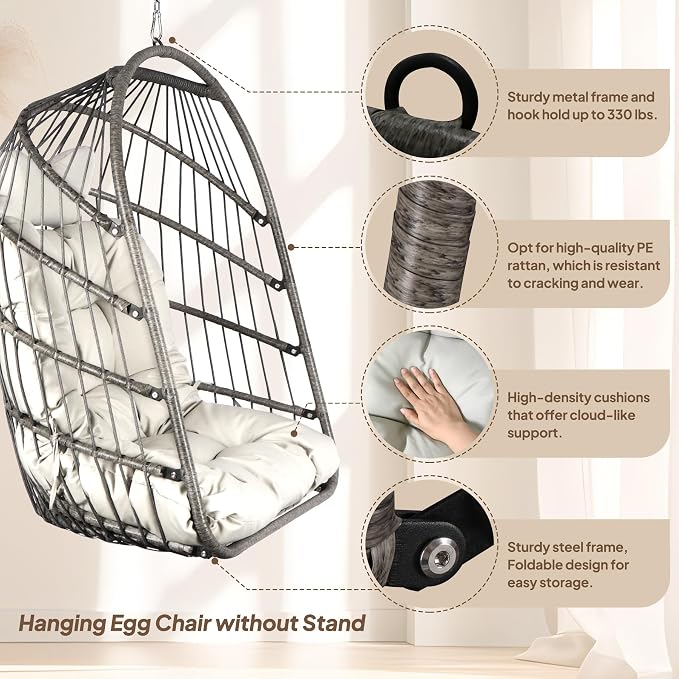 Chihee Egg Chair Foldable Wicker Rattan Hanging Swing Chair Indoor Outdoor - Image 4