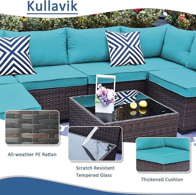 Kullavik 7 Pieces Outdoor Patio Furniture Set PE Wicker Rattan Sectional Sofa - Image 2
