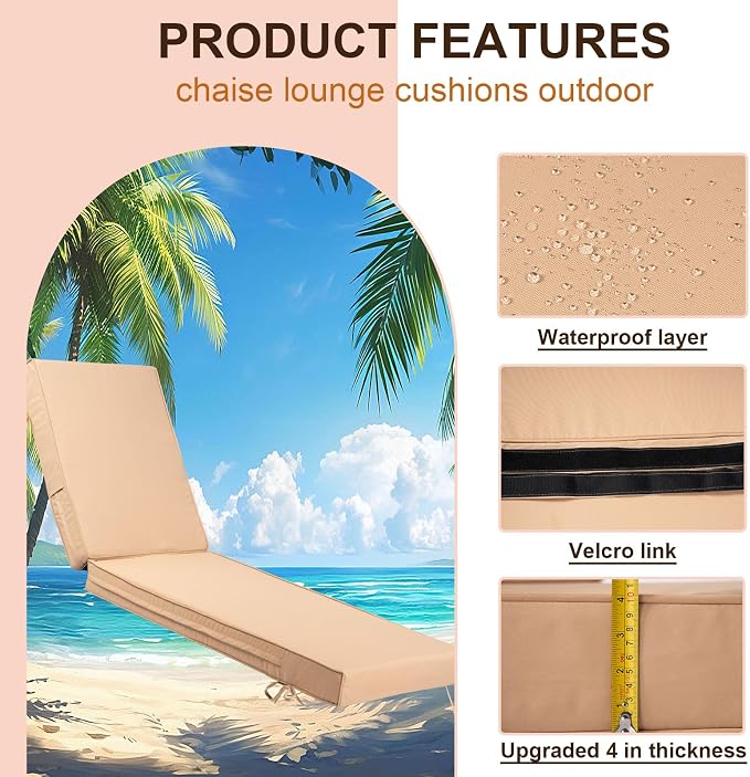 Chaise Lounge Cushions Outdoor Set of 2, Waterproof & Fade Resistant Patio - Image 2