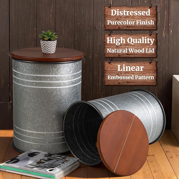 Glitzhome Rustic End Table Set of 2, Farmhouse Galvanized Metal Barrel Ottoman - Image 4