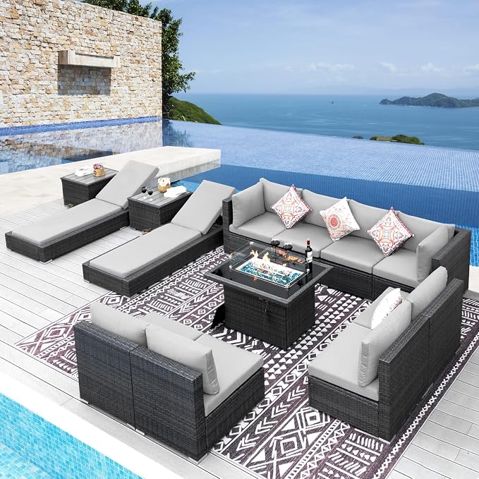 NICESOUL 13 Pcs Patio Set with Fire Pit Table, Modular 10-Seat Wicker Outdoor by NICESOUL