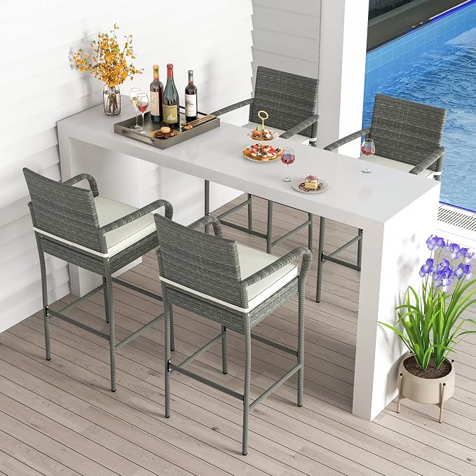 Tangkula Patio Wicker Barstools Set of 4, Outdoor PE Rattan Bar Chairs - Image 2